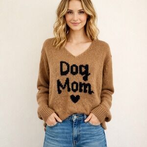 WOODEN SHIPS Paola Buendia Size M/L Brown Dog Mom V-Neck Wool-Blend Sweater NWT